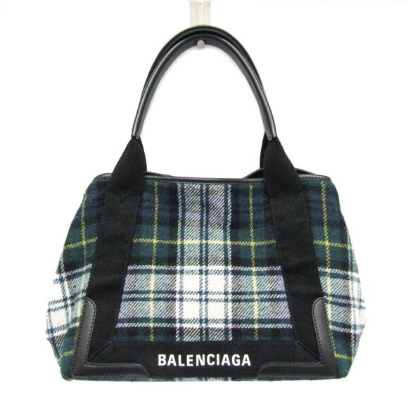 BALENCIAGA Navy Cabas S 339933 Wool Leather Handbag Black Green - Picture 1 of 13